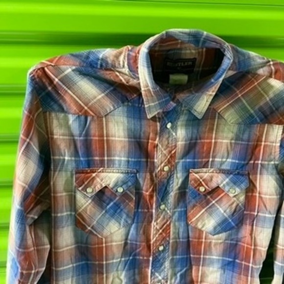 Rustler Wrangler Mens Plaid Western Pearl Snap Shirt Blue Orange Metallic Medium - Picture 2 of 13